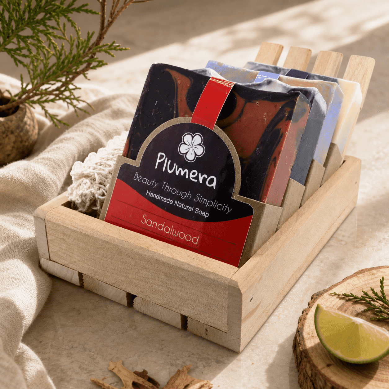 The Man Soap Box — Editorial Main Image Plumera Man Soap Box with four dark and woodsy handmade bars, wooden soap dish, agave fiber soap saver, and wood box