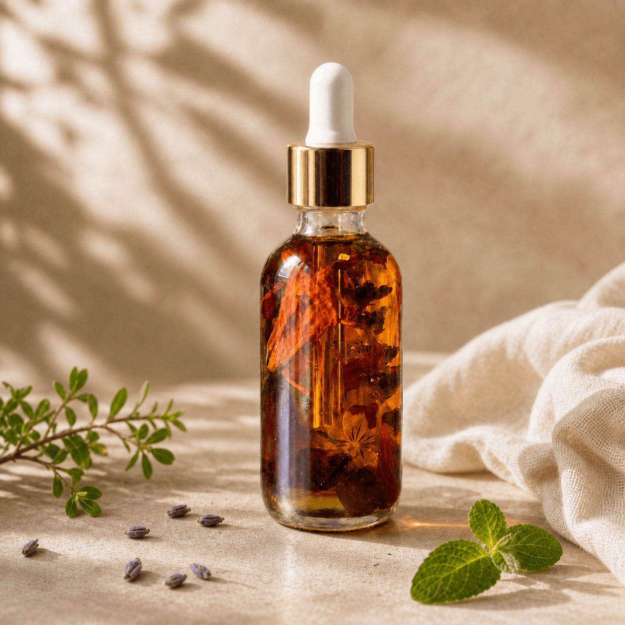 Balancing Botanical Face Oil — Editorial Hero Amber botanical oil in a clear glass dropper bottle with visible dried flowers