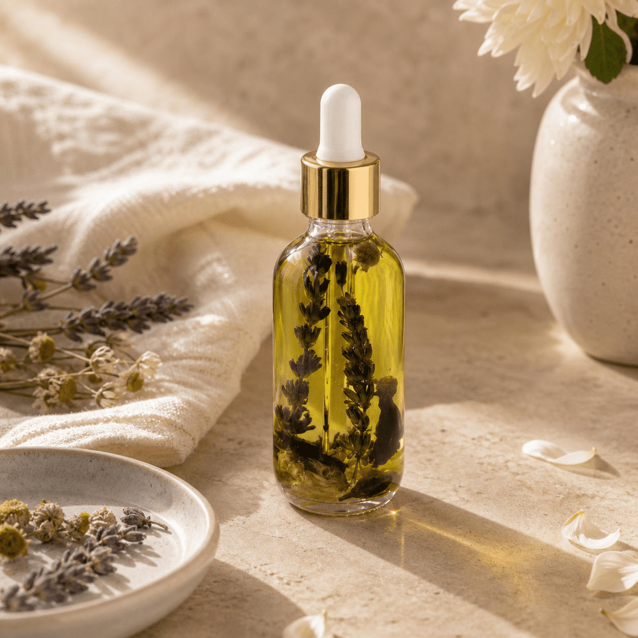 Comforting Botanical Face and Body Oil — Editorial Hero Pale golden botanical oil in a clear glass dropper bottle with dark flower stems