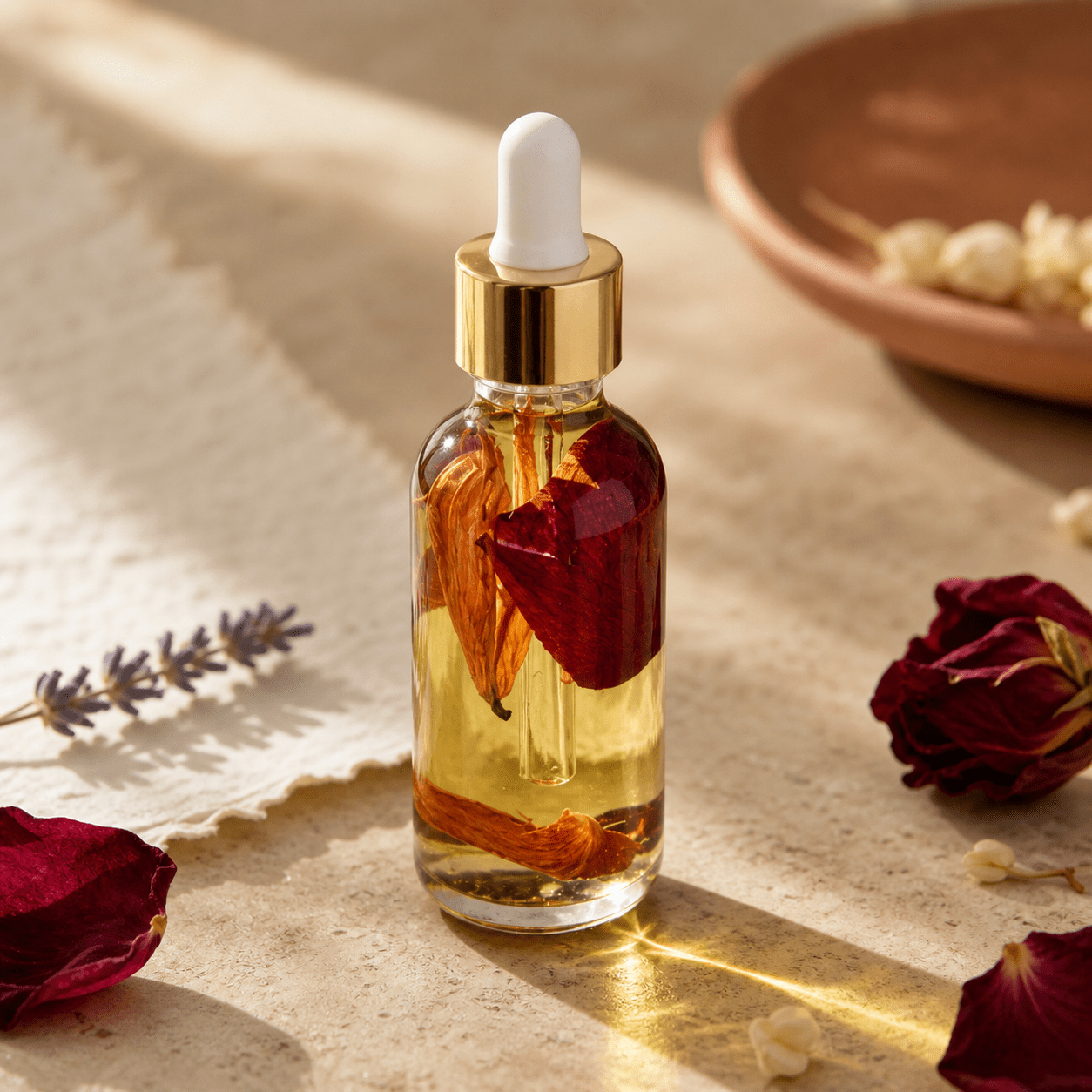 Nourishing Botanical Face Oil — Editorial Hero Nourishing botanical face oil in a clear glass dropper bottle in a warm floral editorial setting