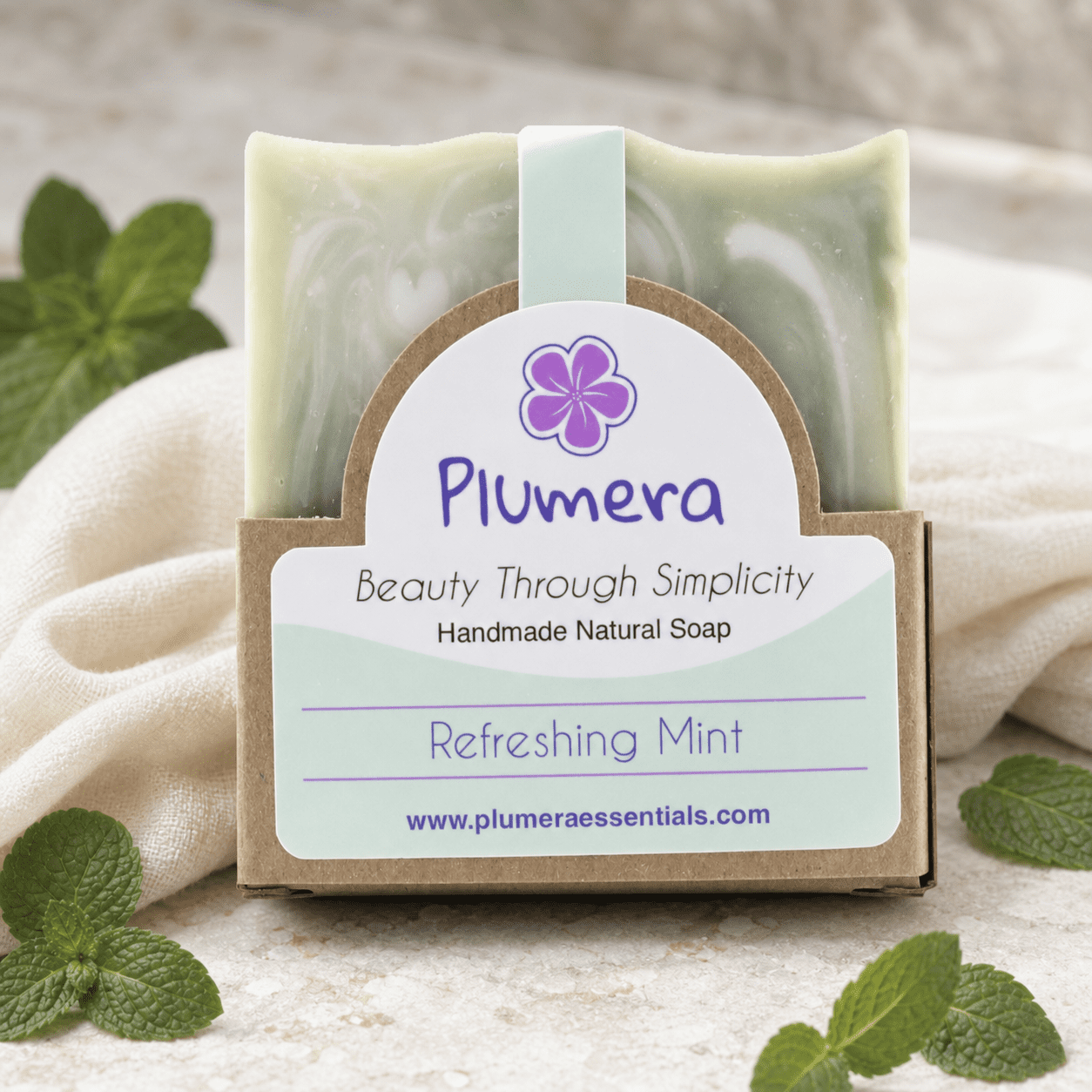 Refreshing Mint Natural Soap — Editorial Main Image Refreshing Mint handmade soap bar by Plumera Essentials